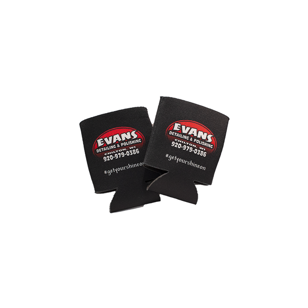 picture of two Evan's Detailing & Polishing can koozies, black with a red logo