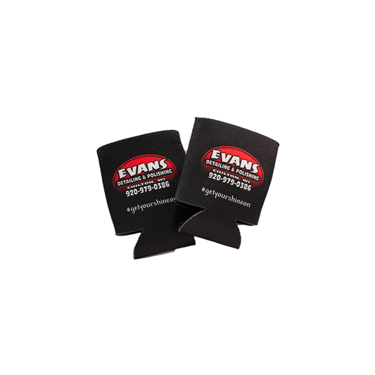 picture of two Evan's Detailing & Polishing can koozies, black with a red logo